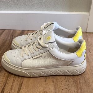 Tory Burch White and Yellow Leather Sneakers
